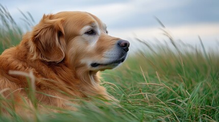 Golden retriever dog relaxing in a grassy meadow on a sunny day illustrating joy and the beauty of outdoor leisure time in nature