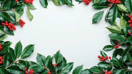 Fototapeta premium Close up of holly bush featuring vibrant red berries and lush green leaves framed by empty space for seasonal or festive text