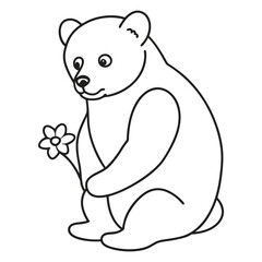 Obraz premium Black outline of a cute bear holding a flower in his hands