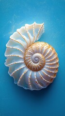 Obraz premium Beautiful shell on vibrant blue wall in sunny coastal setting