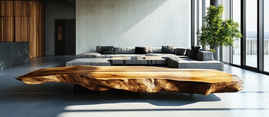 Modern loft interior design showcasing live edge furniture and smart technology with ample copyspace for text and natural light ambiance.