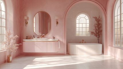 Sunlit pink bathroom with freestanding tub, vanity, and arched windows.
