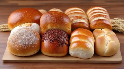 Assorted freshly baked breads with wheat ears displayed on a wooden board showcasing textures and colors of various bread types.