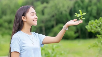 young woman holds small green plant in her hand, smiling joyfully