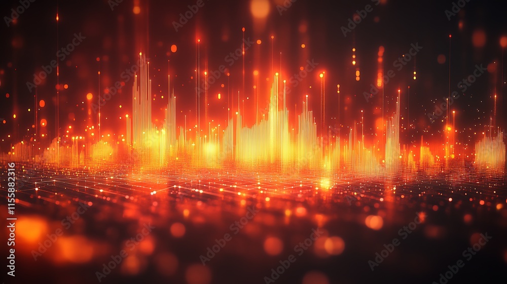 Leinwandbilder orange and red abstract digital sound wave with light particles : generative ai