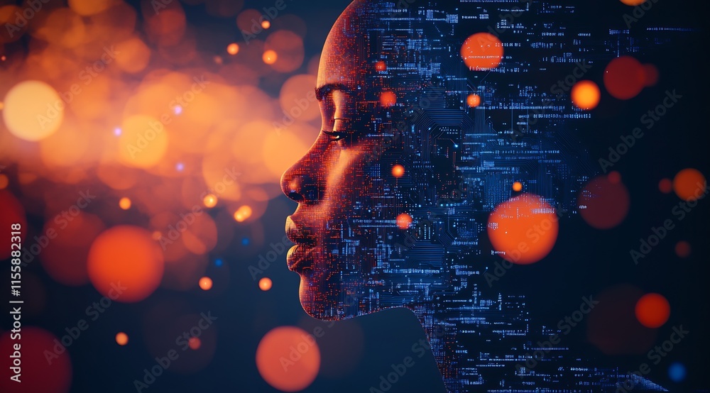 Poster dynamic portrait illustration merging human and digital city elements : generative ai