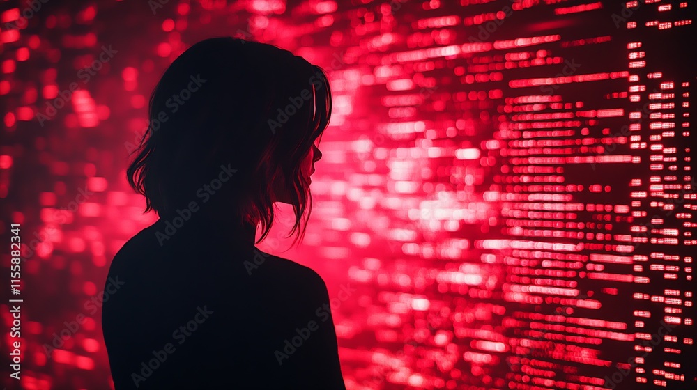 Poster Silhouette of Woman Viewing Futuristic Digital Data Display in Cyber Technology Setting : Generative AI