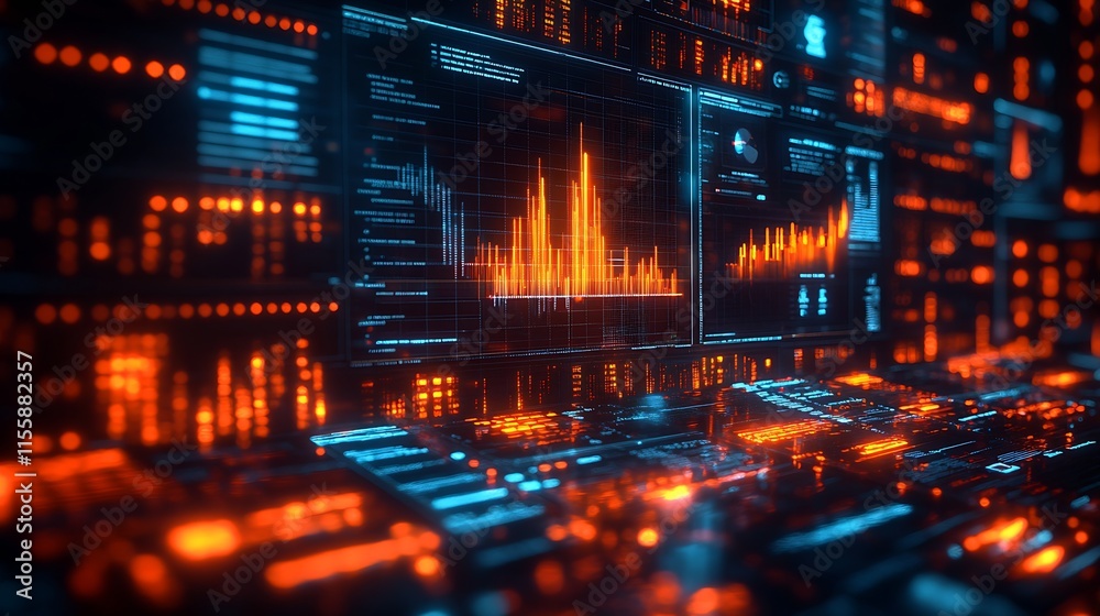 Poster Futuristic Data Analysis with Dynamic Digital Orange Graph Interface : Generative AI