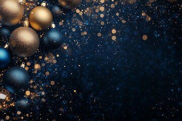 Holiday banner with glowing baubles in gold and blue hues, ideal for festive designs and Christmas advertising.