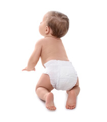 Cute little baby in diaper on white background