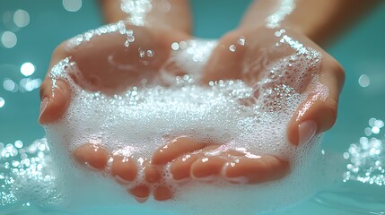 Fototapeta premium Calming image of cupped hands holding frothy soap bubbles against blue water : Generative AI