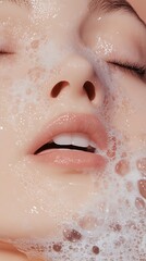 Fototapeta premium Close-up of a serene face with soap bubbles for skincare and beauty concept : Generative AI