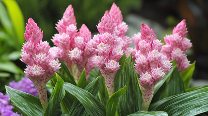 Closeup of pink red ginger flower plant in nature. exotic alpinia purpurata blossom in tropical jungle garden, summer spring natural beauty, wallpaper.