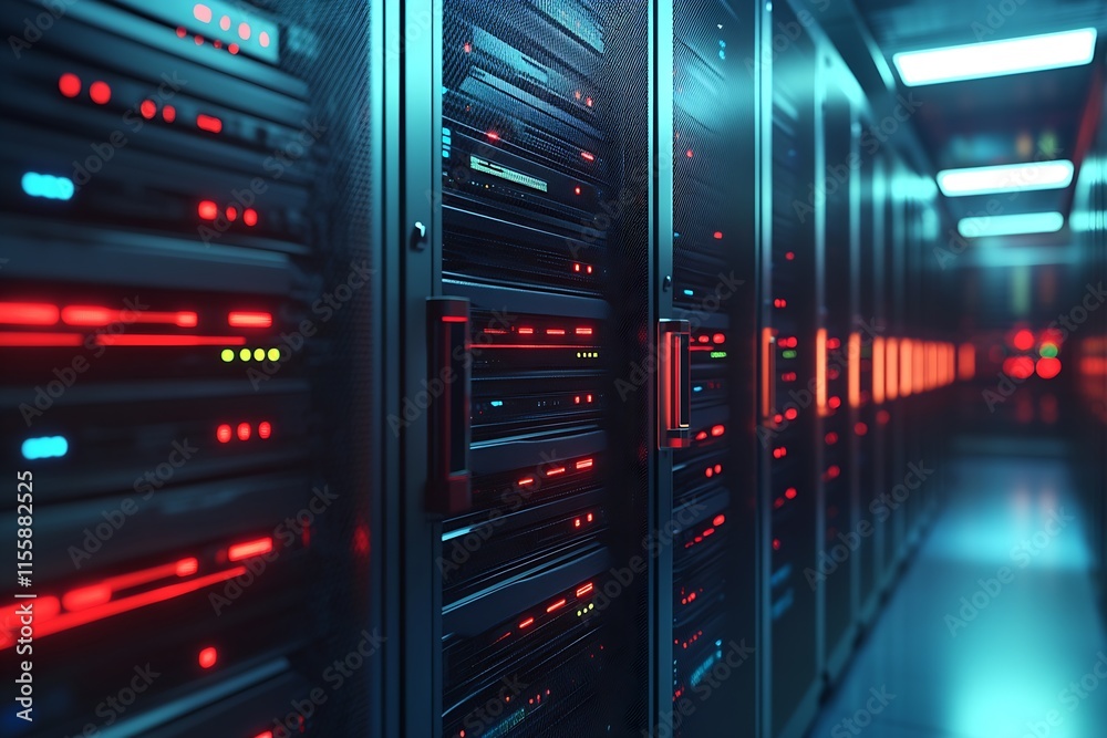 Aufkleber Futuristic Data Center Server Room with Glowing Red and Blue LED Lights : Generative AI