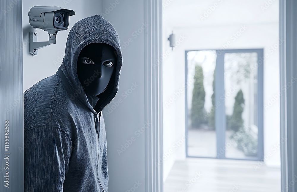 Poster Masked Hooded Figure Captured on Security Camera in Modern Home Setting for Safety Concepts : Generative AI