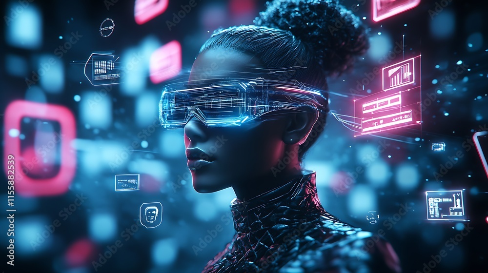 Poster futuristic woman in cyberpunk augmented reality glasses and digital hud interface : generative ai