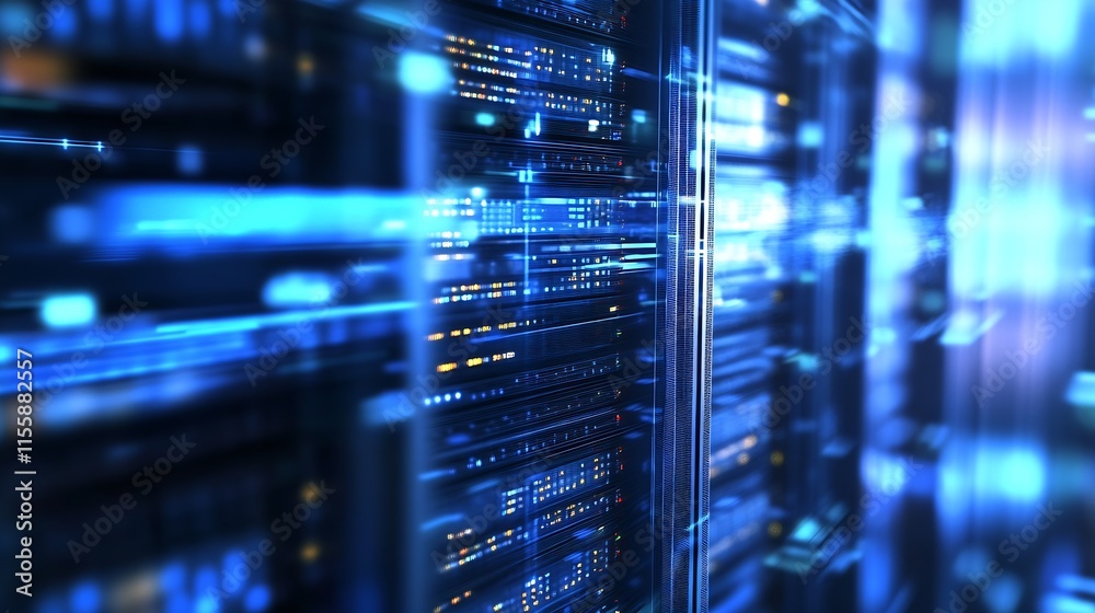 Poster Futuristic Data Center with Blue LED Lights and High Tech Servers Glowing in Motion : Generative AI