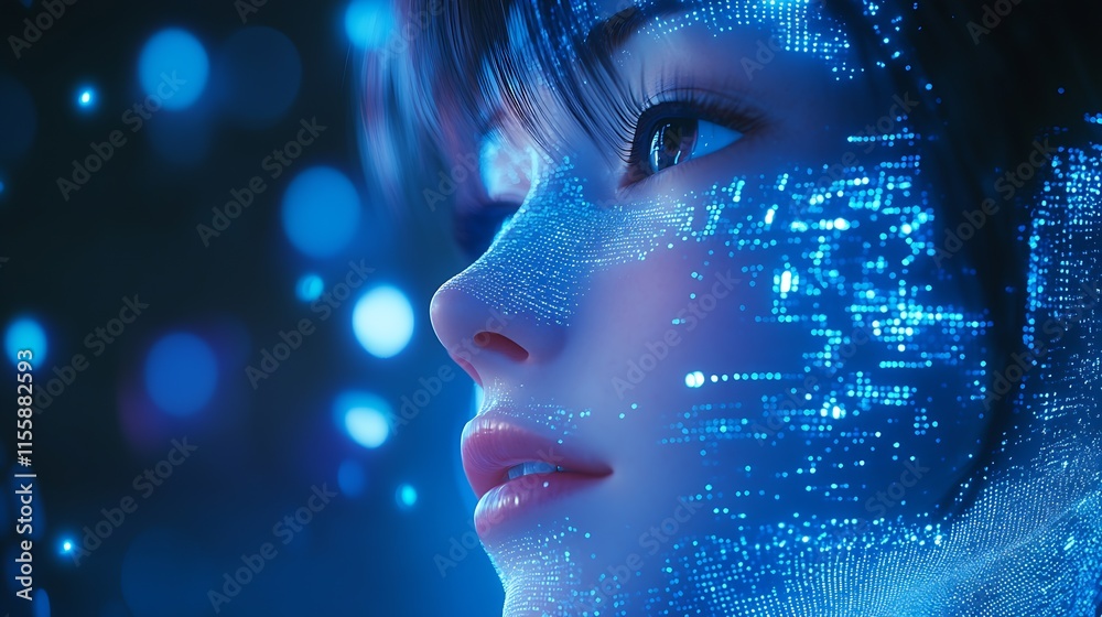 Poster Futuristic AI Render of Human Face with Digital Technology Blue Data Points : Generative AI