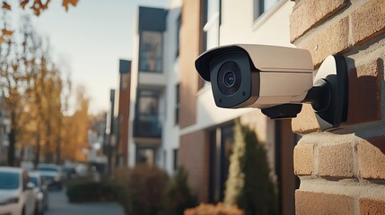 Outdoor surveillance security camera on urban brick wall day : Generative AI