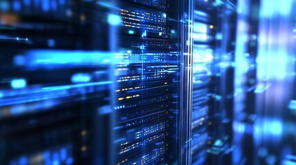 Obraz premium Futuristic Data Center with Blue LED Lights and High Tech Servers Glowing in Motion : Generative AI