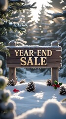 wooden sign hanging by a sturdy rope, coated in a layer of frost and snow, displays Winter Sale in bold, frosty letters. 