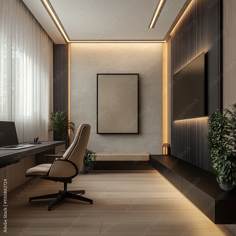 Poster modern minimalist home office with natural light and cozy design elements for productivity : generat