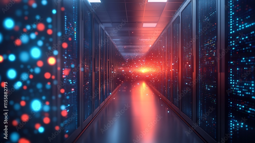 Aufkleber futuristic data center with vibrant red and blue digital lights : generative ai