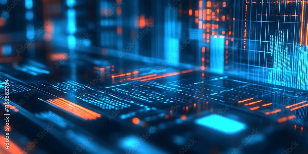 Leinwandbilder Futuristic Digital Data Interface with Glowing Blue and Orange Graphical Elements : Generative AI