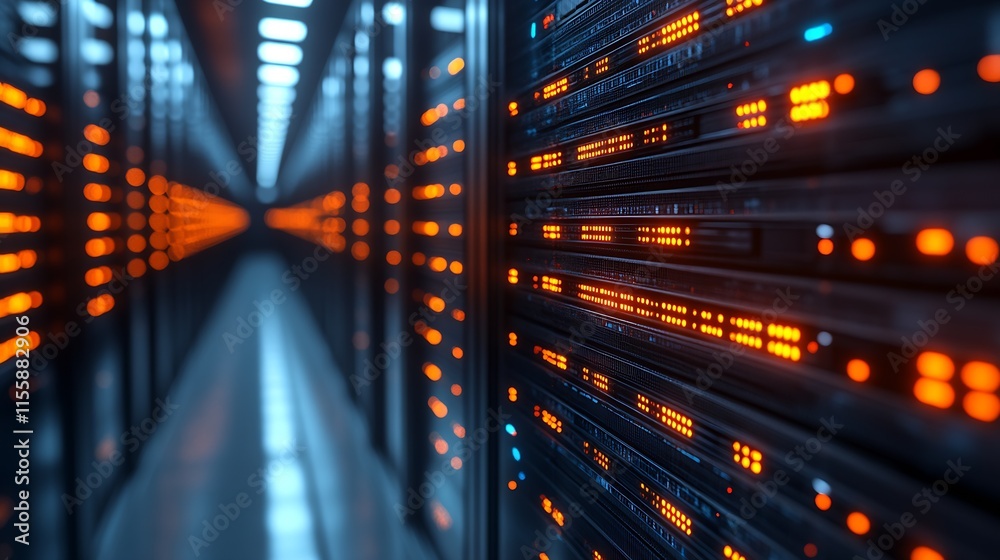 Leinwandbilder data center server racks with glowing orange led lights in a secure facility : generative ai