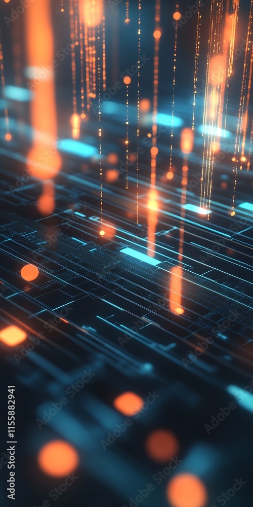 Poster Futuristic Digital Technology Background with Glowing Orange Light Particles : Generative AI