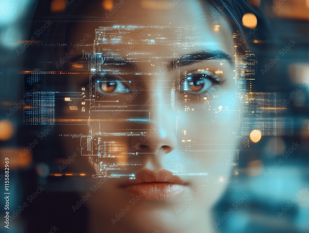 Aufkleber Portrait of a woman with digital overlay of futuristic data and glowing elements : Generative AI