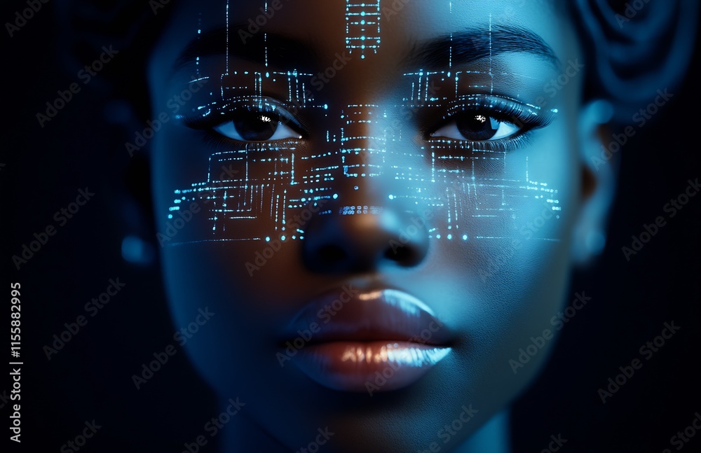 Aufkleber Futuristic Face with Digital Patterns and Technology Elements : Generative AI