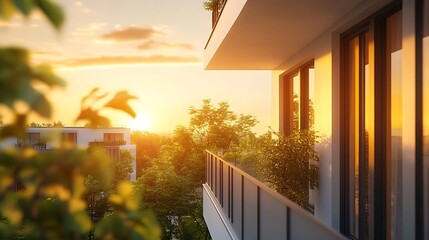 Fototapeta premium Modern Architectural Apartment Balcony with Scenic Sunset View : Generative AI