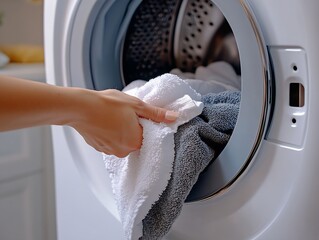 Placing White and Gray Towels into a Front-Loading Washing Machine for Laundry : Generative AI