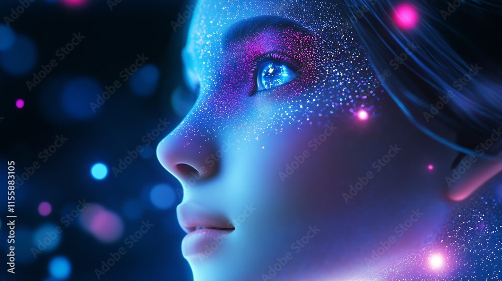 Poster futuristic digital art with vibrant glowing elements and dreamy cosmic features : generative ai