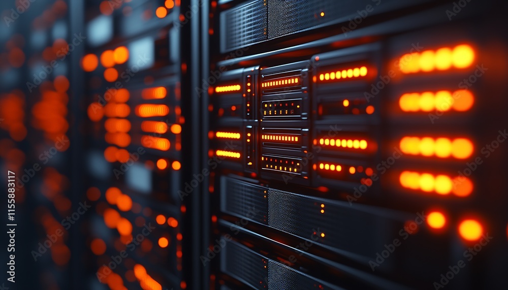Fototapete closeup view of modern data center server racks illuminated by ambient orange led lights. : generati