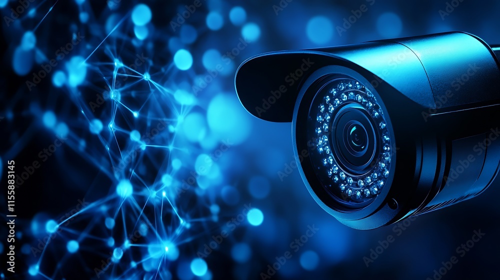 Aufkleber High-tech surveillance camera in a networked digital environment with blue background : Generative AI