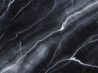 Magnified texture of a glossy black marble surface with white veins