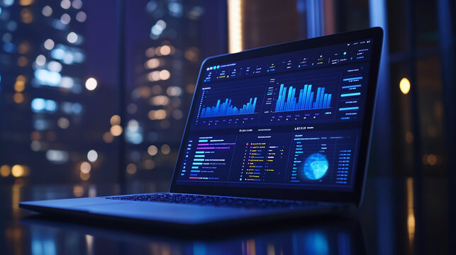 Laptop notebook computer display screen with business graphs, charts and analytics. corporate workplace dashboard analysis, company performance and growth statistics.