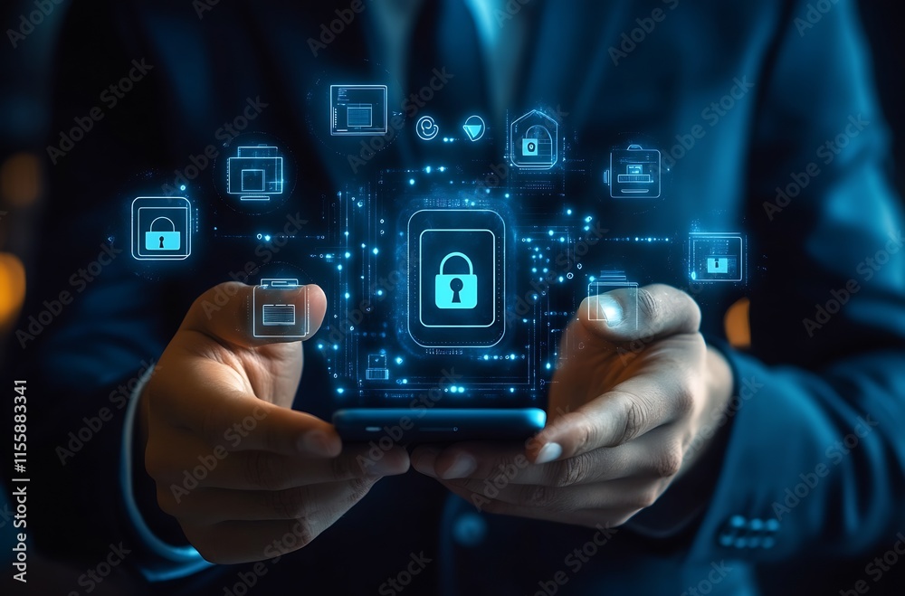 Aufkleber Cybersecurity Concepts with Digital Lock Icons and Mobile Phone Usage : Generative AI