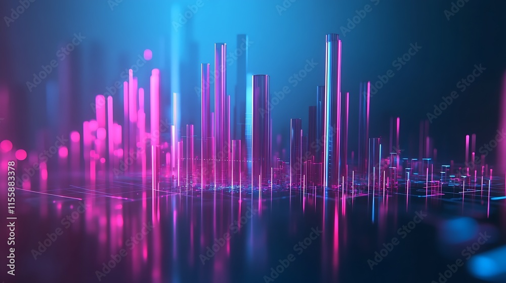 Poster Abstract Neon Pink and Blue Digital Bars on Reflective Surface Representing Data Visualization : Generative AI
