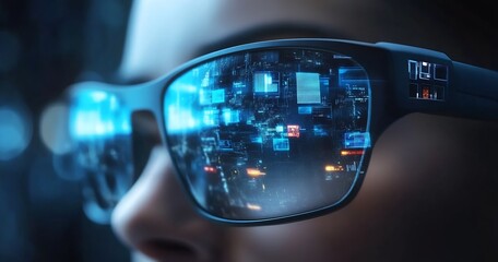 Woman Wearing Futuristic Smart Glasses with Digital HUD Interface Technology : Generative AI