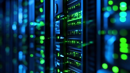 Fototapeta premium High-tech Data Center Hosting Network Servers with Green LED Lights : Generative AI