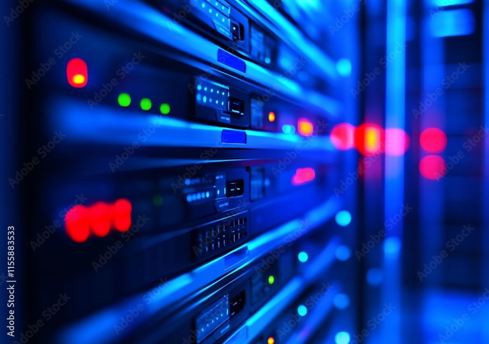 Leinwandbilder futuristic data center server rack with blue network lights in focused perspective : generative ai