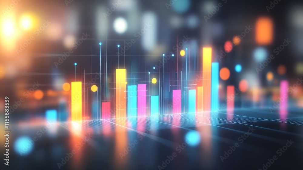 Fototapete Colorful digital bar chart with glowing data points and bokeh background : Generative AI