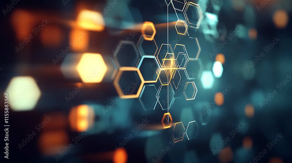 Aufkleber Abstract Futuristic Geometric Hexagonal Pattern with Blue and Orange Lights : Generative AI