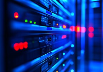 Naklejka premium Futuristic Data Center Server Rack with Blue Network Lights in Focused Perspective : Generative AI
