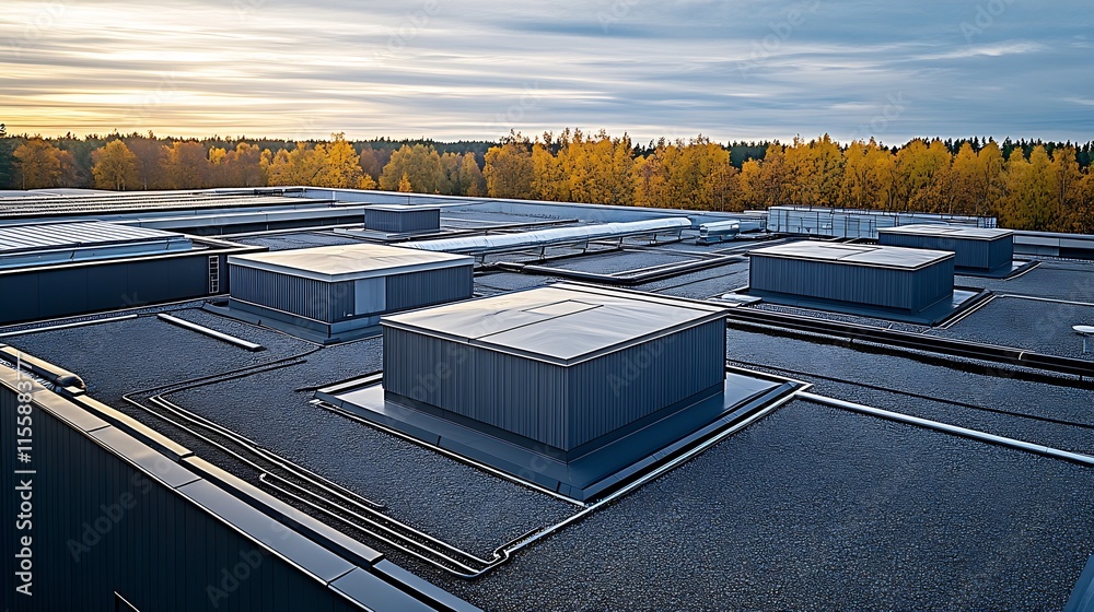 Poster modern building roof with hvac installation and forest view : generative ai