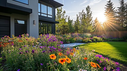 Obraz premium Modern Home Garden Landscape with Colorful Flowers and Bright Sunlight : Generative AI
