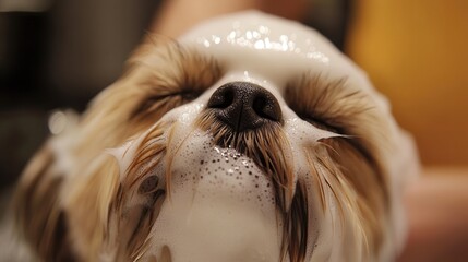 Shih Tzu enjoying a relaxing bath with bubbles in a warm and inviting bathroom